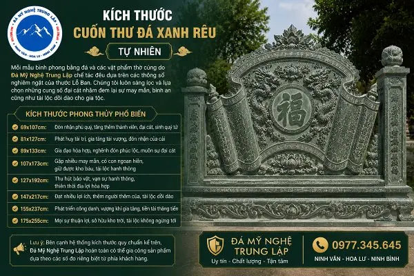 Kích thước cuốn thư đá xanh rêu tự nhiên