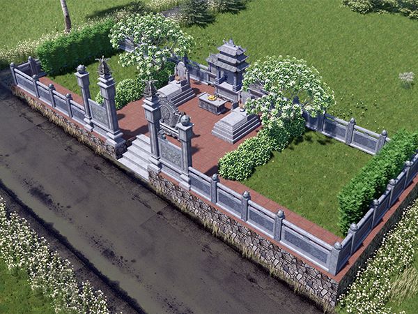 Lăng mộ đá có lan can bảo vệ chắc chắn quanh khu